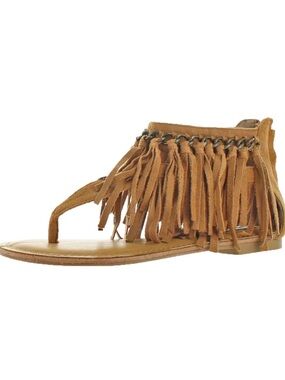 Qupid Tan Braided Fringe Ankle-Cuff Sandals
